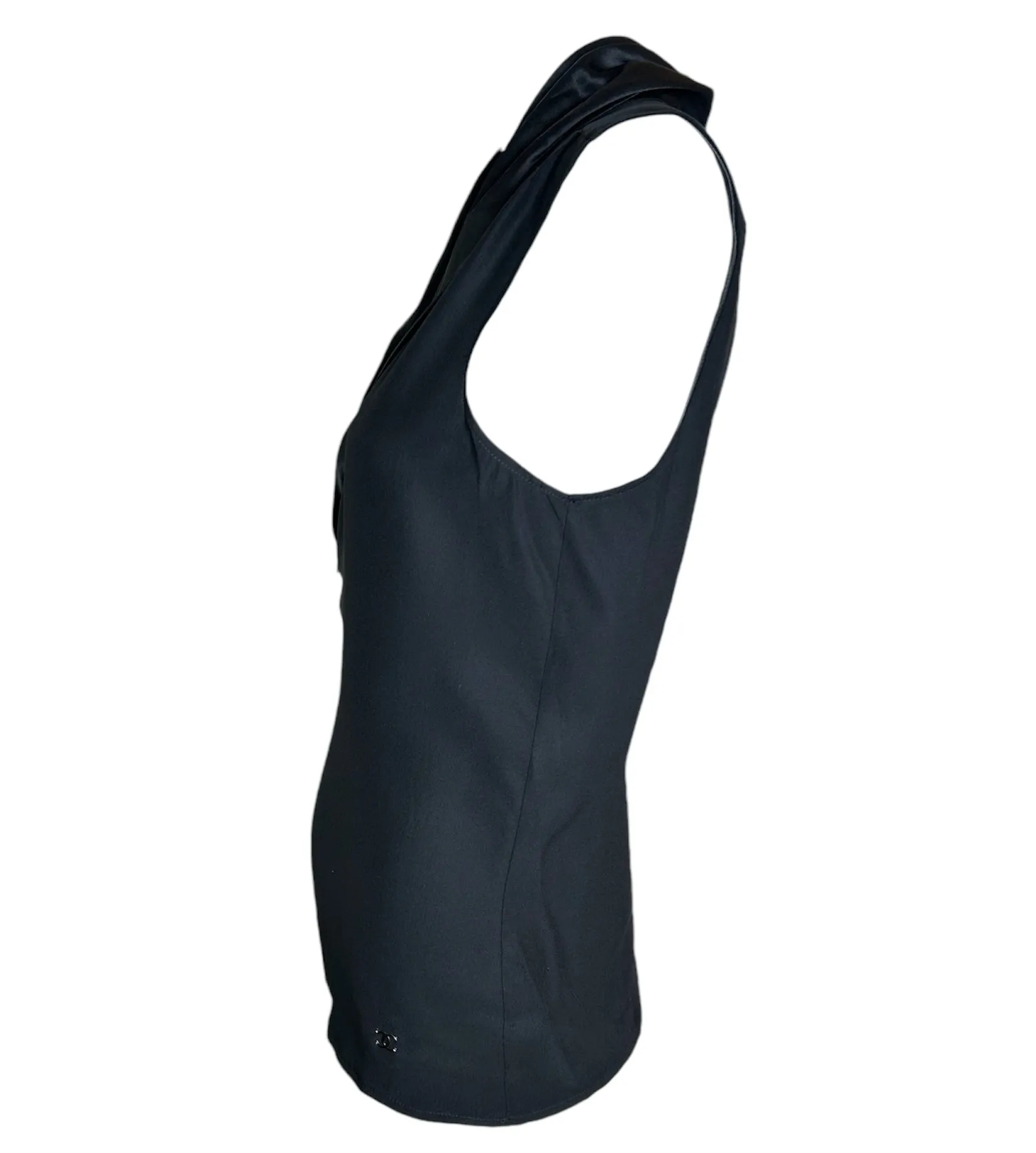 2000s Chanel Black Silk Low Cowled V-Neck Sleeveless Blouse