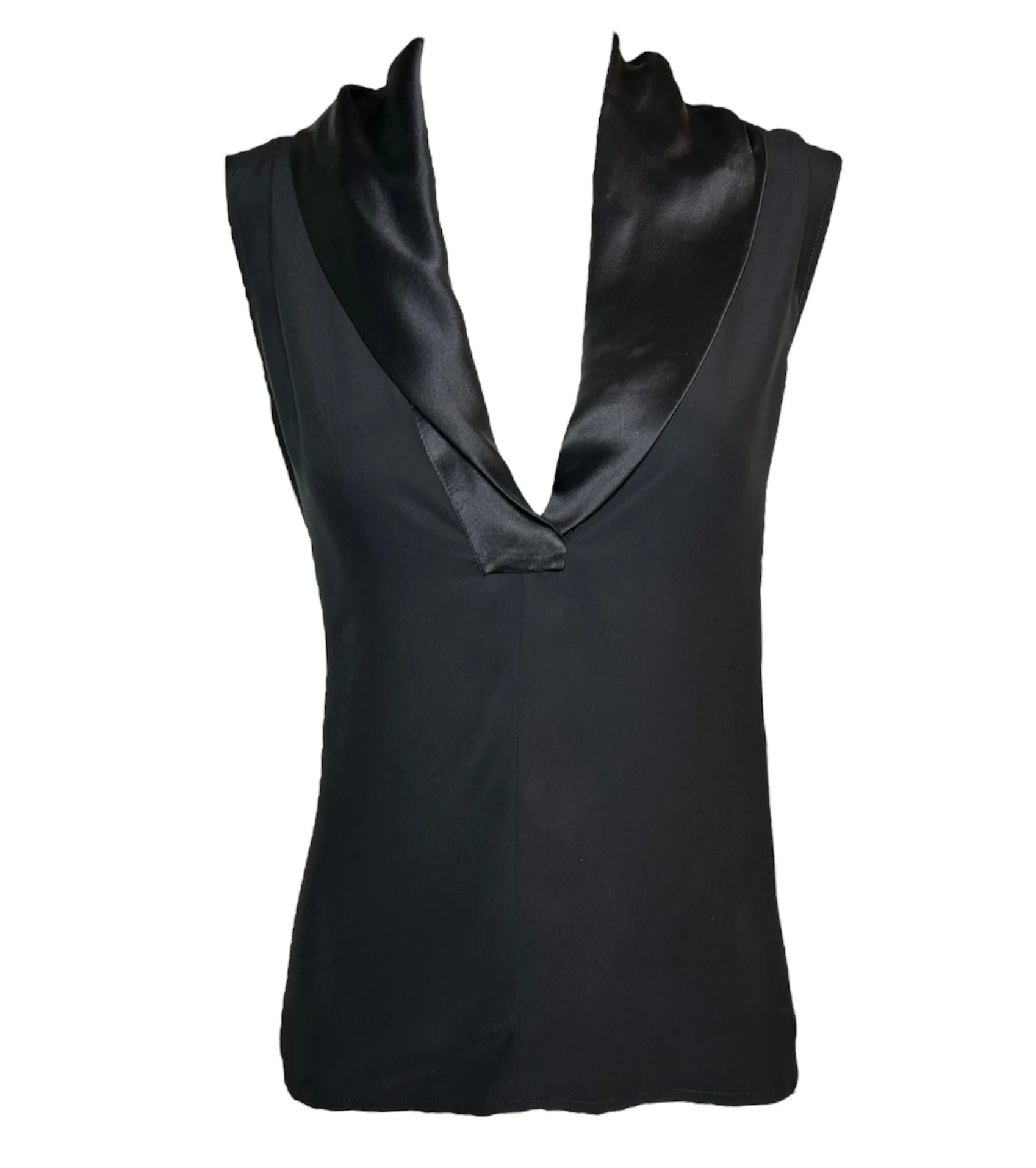 2000s Chanel Black Silk Low Cowled V-Neck Sleeveless Blouse