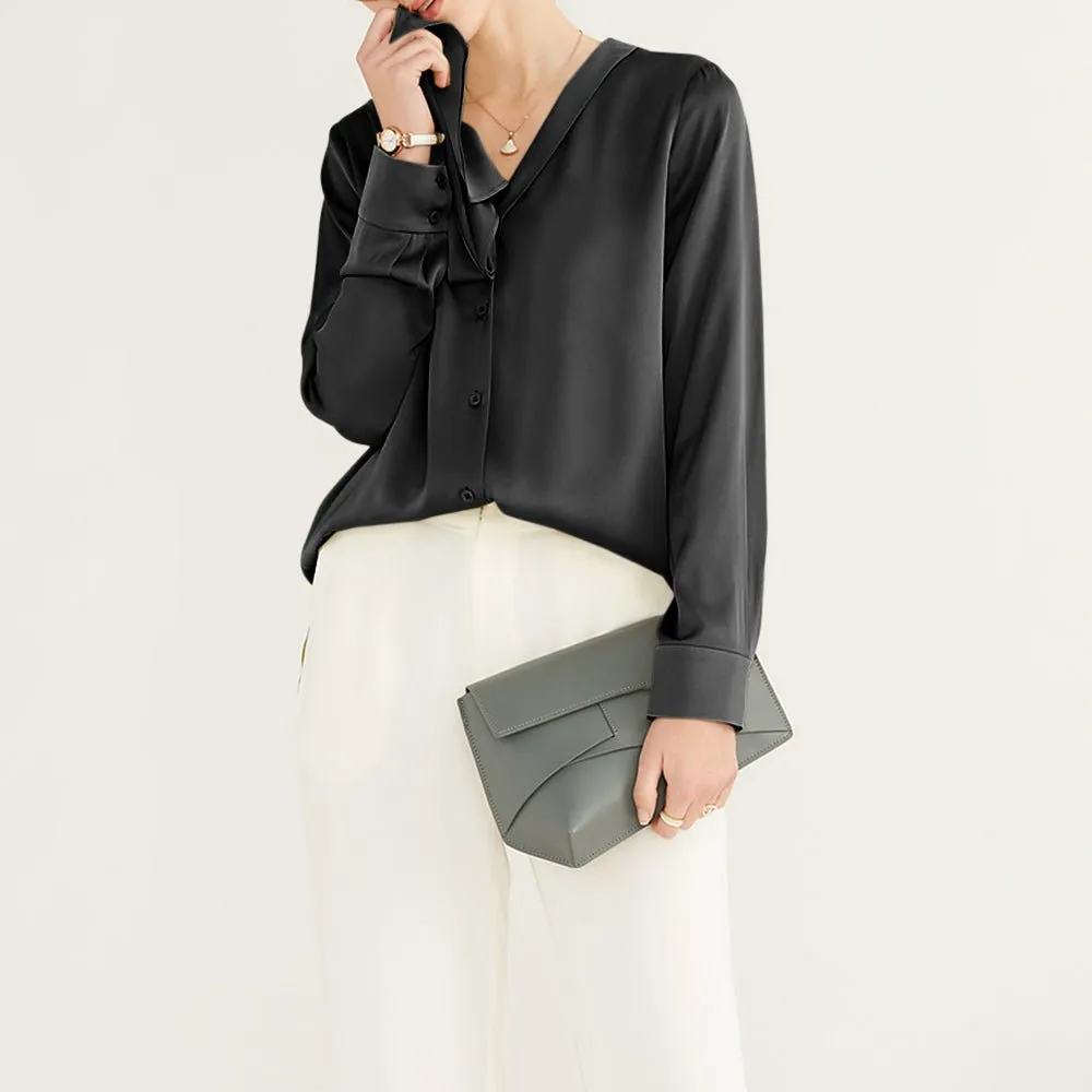 22 Momme V Neck & Ribbon Elegant Long Sleeves Silk Blouse For Women