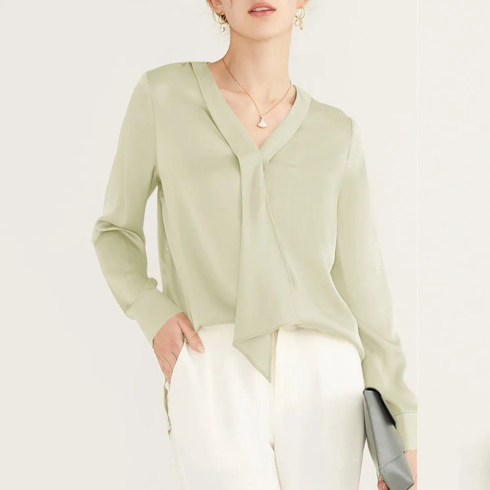 22 Momme V Neck & Ribbon Elegant Long Sleeves Silk Blouse For Women