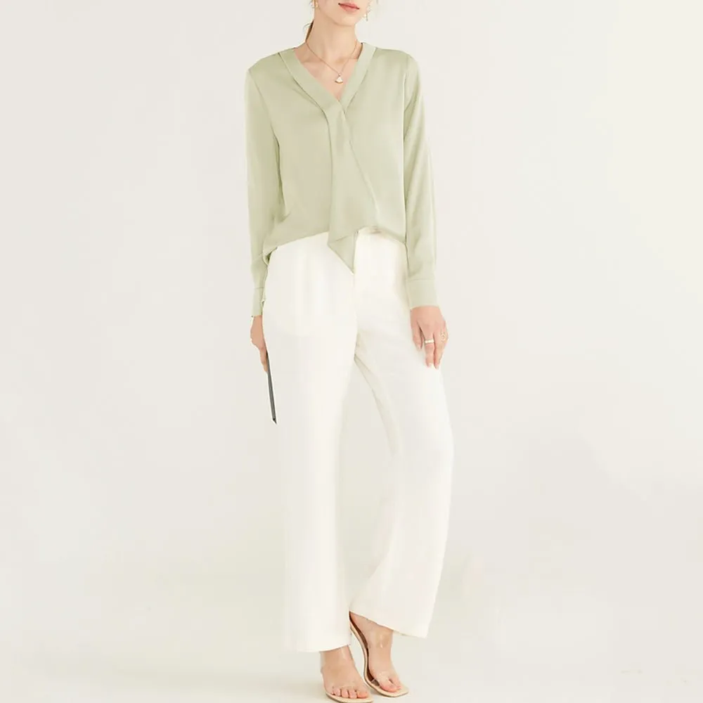 22 Momme V Neck & Ribbon Elegant Long Sleeves Silk Blouse For Women