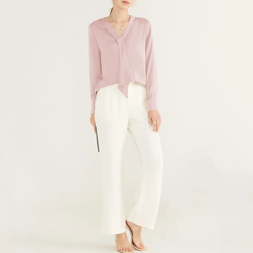 22 Momme V Neck & Ribbon Elegant Long Sleeves Silk Blouse For Women