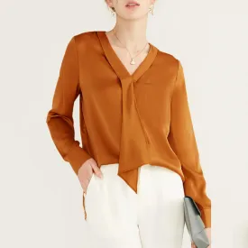 22 Momme V Neck & Ribbon Elegant Long Sleeves Silk Blouse For Women