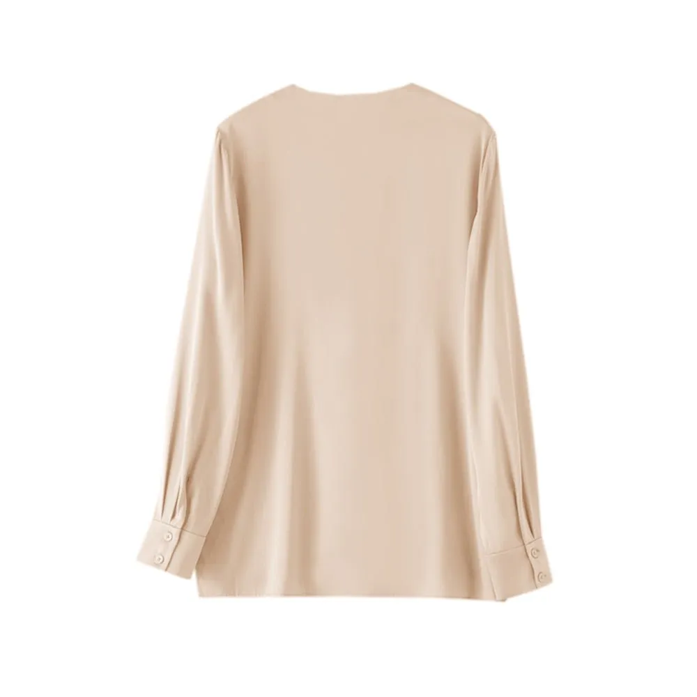 22 Momme V Neck & Ribbon Elegant Long Sleeves Silk Blouse For Women