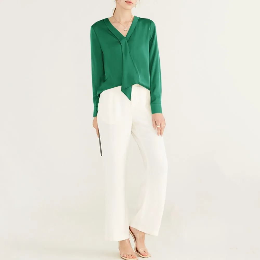 22 Momme V Neck & Ribbon Elegant Long Sleeves Silk Blouse For Women
