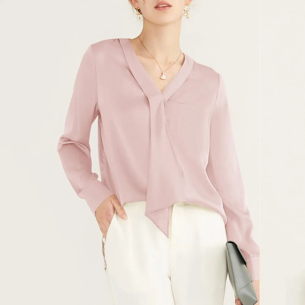 22 Momme V Neck & Ribbon Elegant Long Sleeves Silk Blouse For Women
