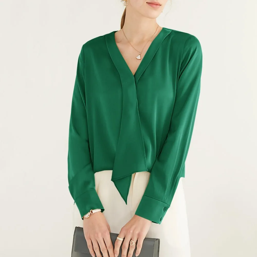 22 Momme V Neck & Ribbon Elegant Long Sleeves Silk Blouse For Women