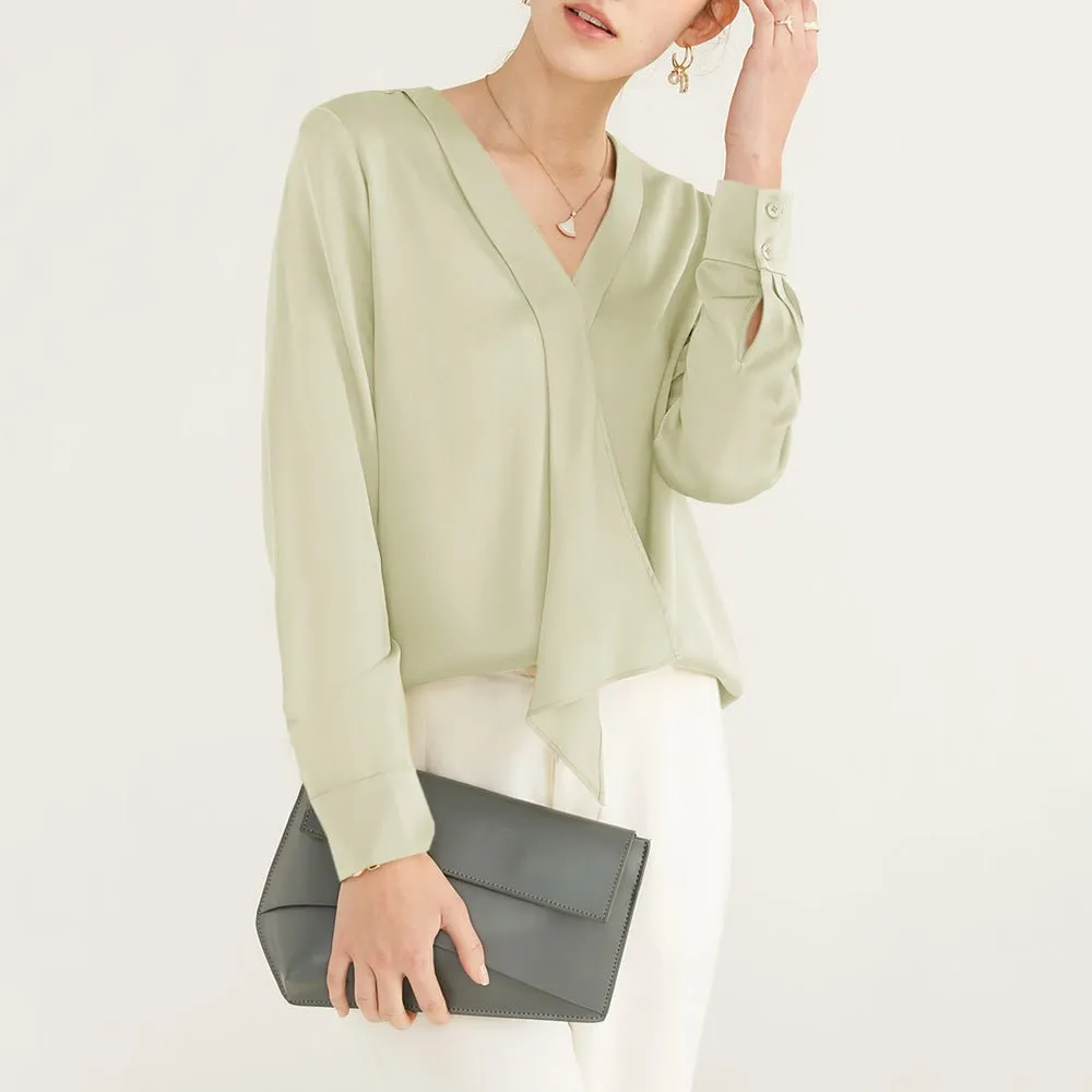 22 Momme V Neck & Ribbon Elegant Long Sleeves Silk Blouse For Women