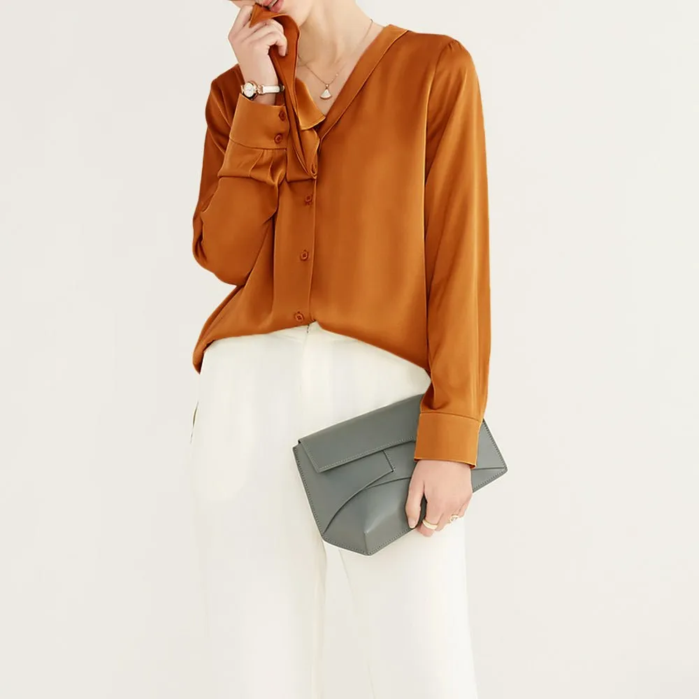 22 Momme V Neck & Ribbon Elegant Long Sleeves Silk Blouse For Women