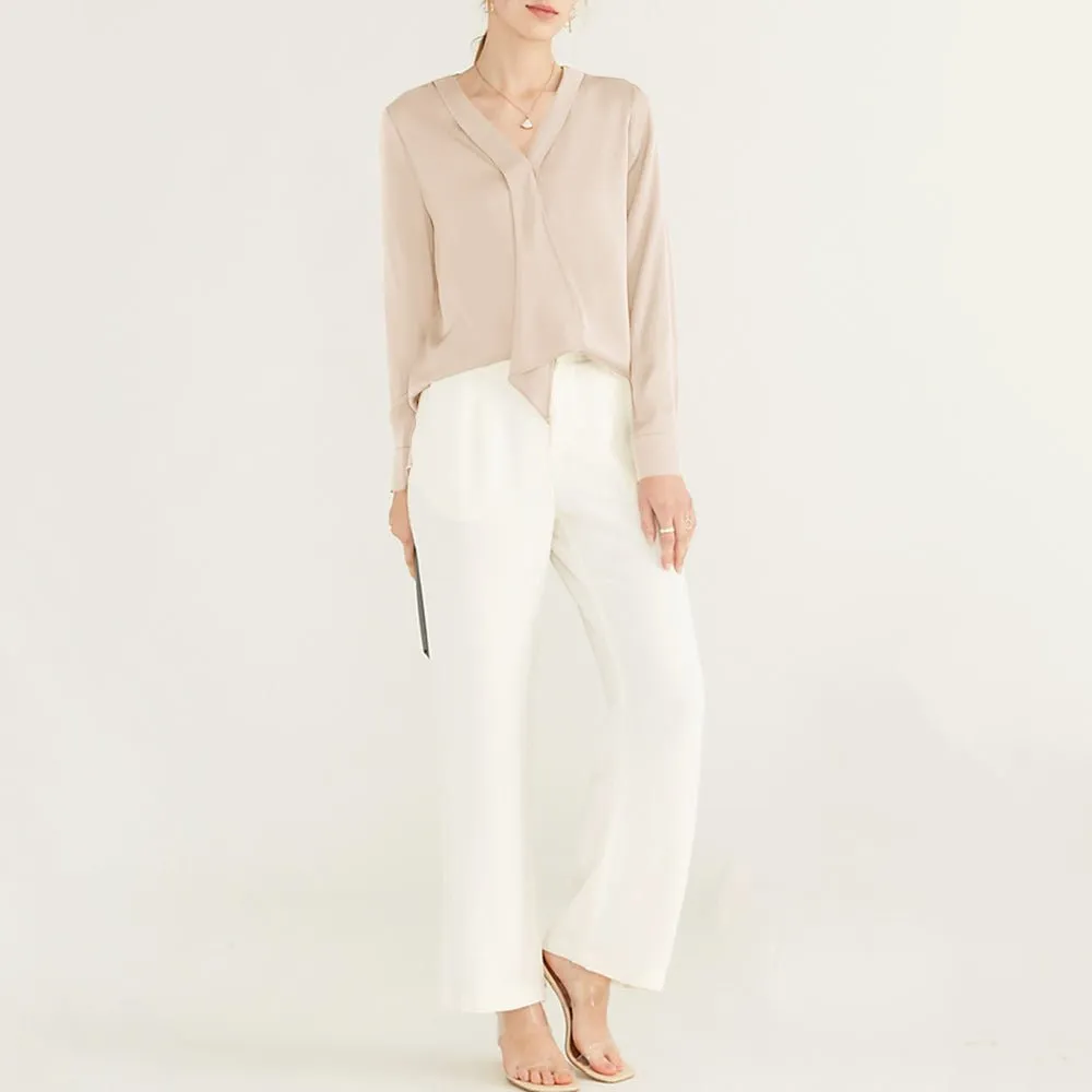 22 Momme V Neck & Ribbon Elegant Long Sleeves Silk Blouse For Women