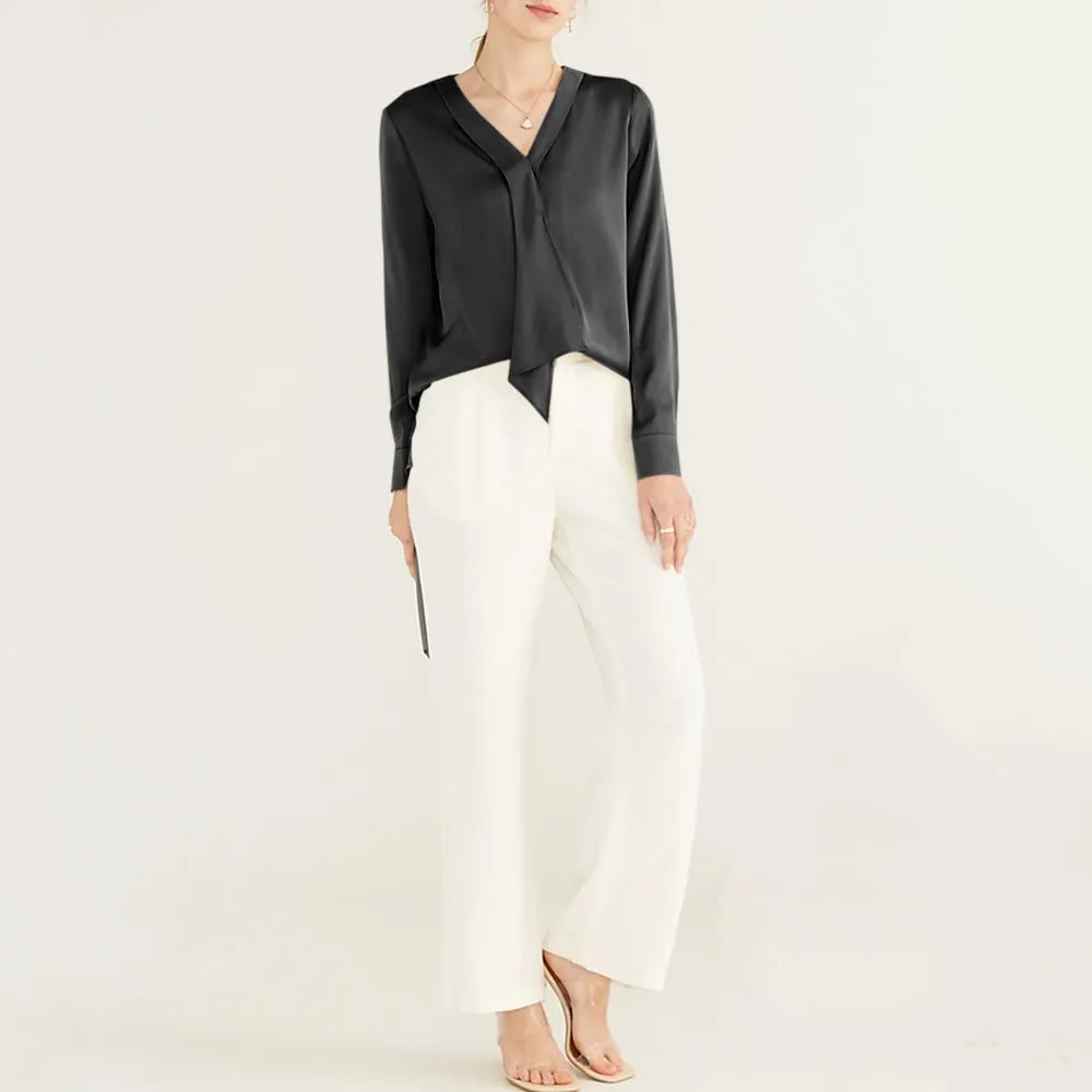 22 Momme V Neck & Ribbon Elegant Long Sleeves Silk Blouse For Women