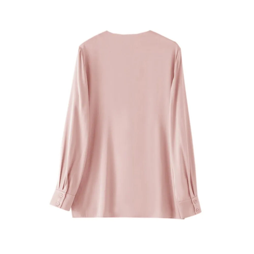22 Momme V Neck & Ribbon Elegant Long Sleeves Silk Blouse For Women