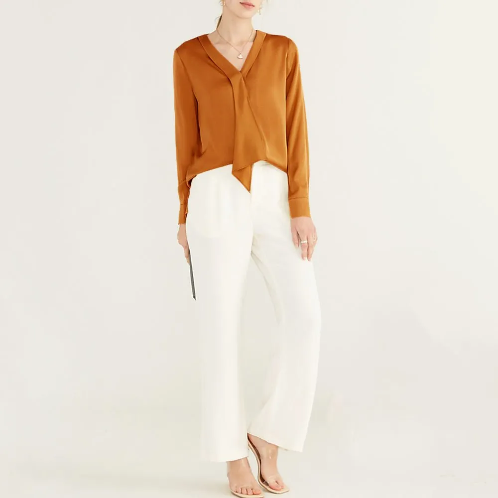 22 Momme V Neck & Ribbon Elegant Long Sleeves Silk Blouse For Women