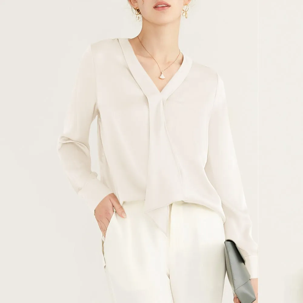 22 Momme V Neck & Ribbon Elegant Long Sleeves Silk Blouse For Women
