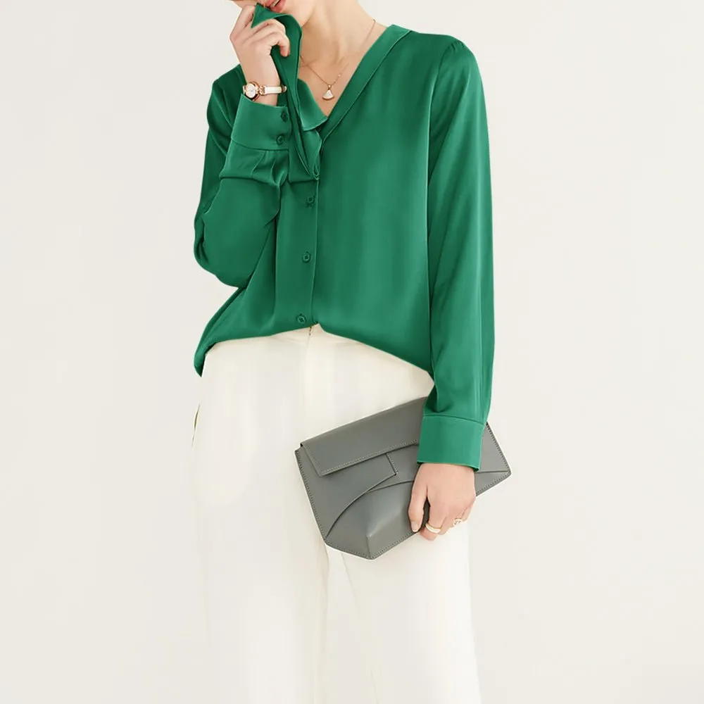 22 Momme V Neck & Ribbon Elegant Long Sleeves Silk Blouse For Women