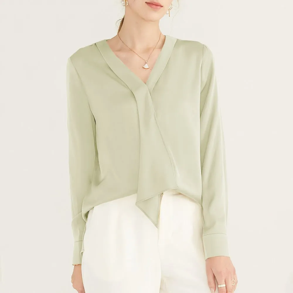 22 Momme V Neck & Ribbon Elegant Long Sleeves Silk Blouse For Women