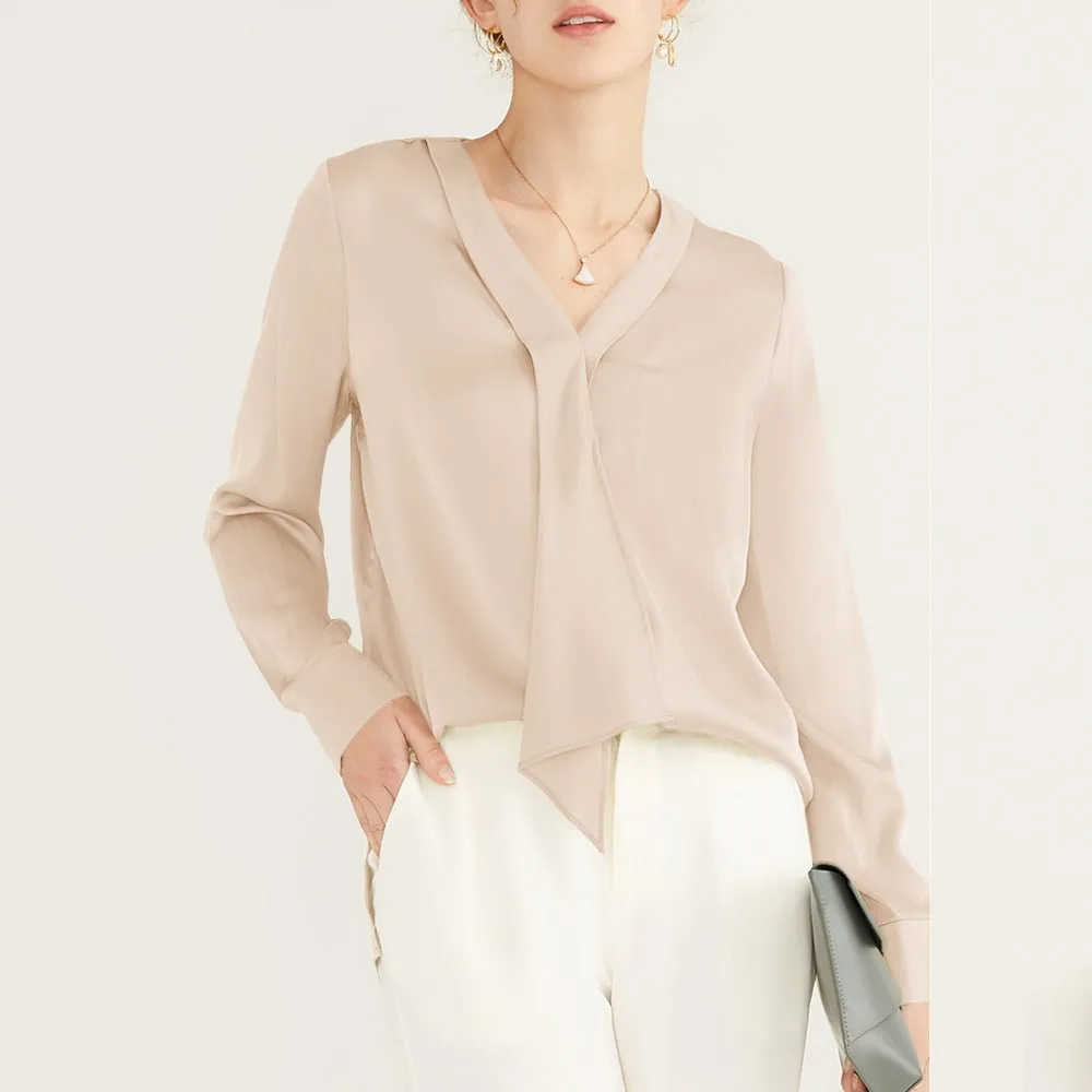22 Momme V Neck & Ribbon Elegant Long Sleeves Silk Blouse For Women