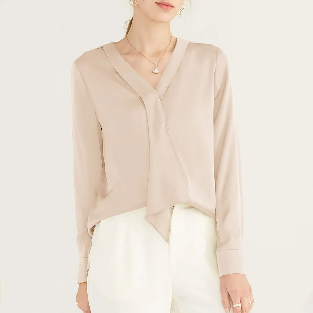 22 Momme V Neck & Ribbon Elegant Long Sleeves Silk Blouse For Women