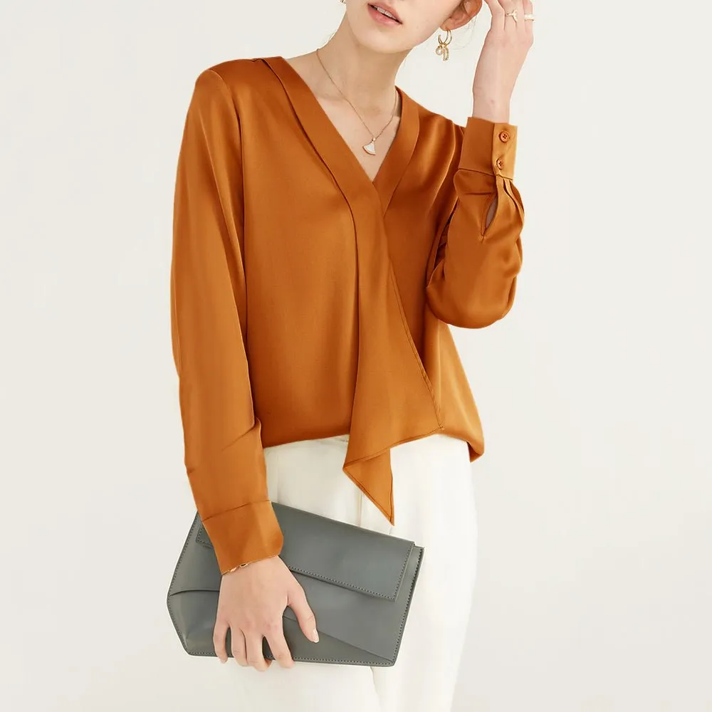 22 Momme V Neck & Ribbon Elegant Long Sleeves Silk Blouse For Women