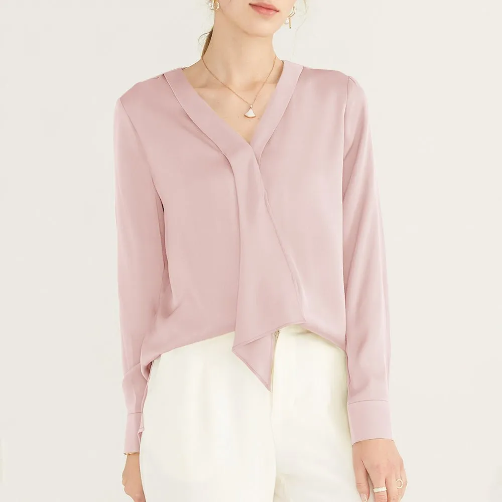 22 Momme V Neck & Ribbon Elegant Long Sleeves Silk Blouse For Women