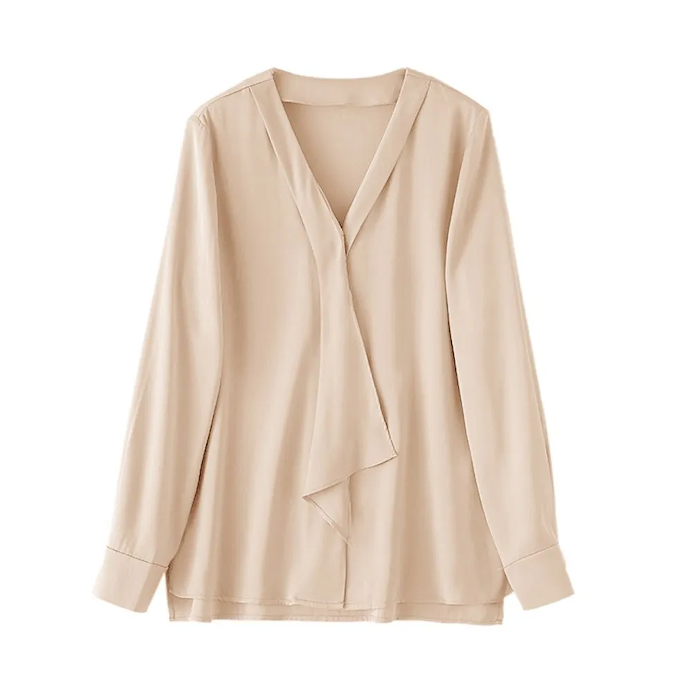 22 Momme V Neck & Ribbon Elegant Long Sleeves Silk Blouse For Women