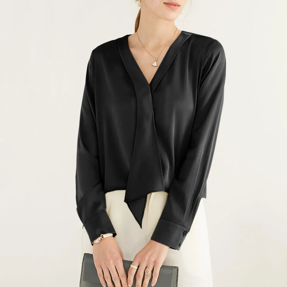 22 Momme V Neck & Ribbon Elegant Long Sleeves Silk Blouse For Women