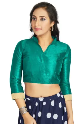 Aastha Fashion Aqu Green Art Silk V Neck Chinese Collar Matty In Sleeve Readymade Blouse
