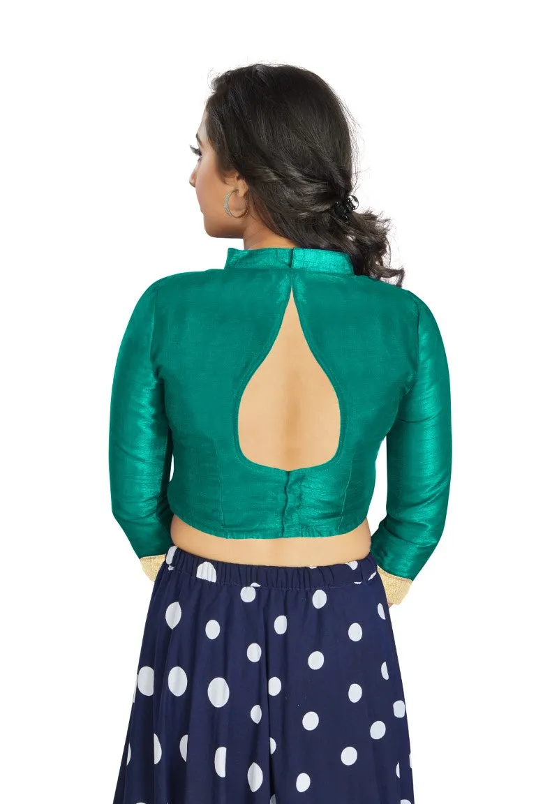 Aastha Fashion Aqu Green Art Silk V Neck Chinese Collar Matty In Sleeve Readymade Blouse