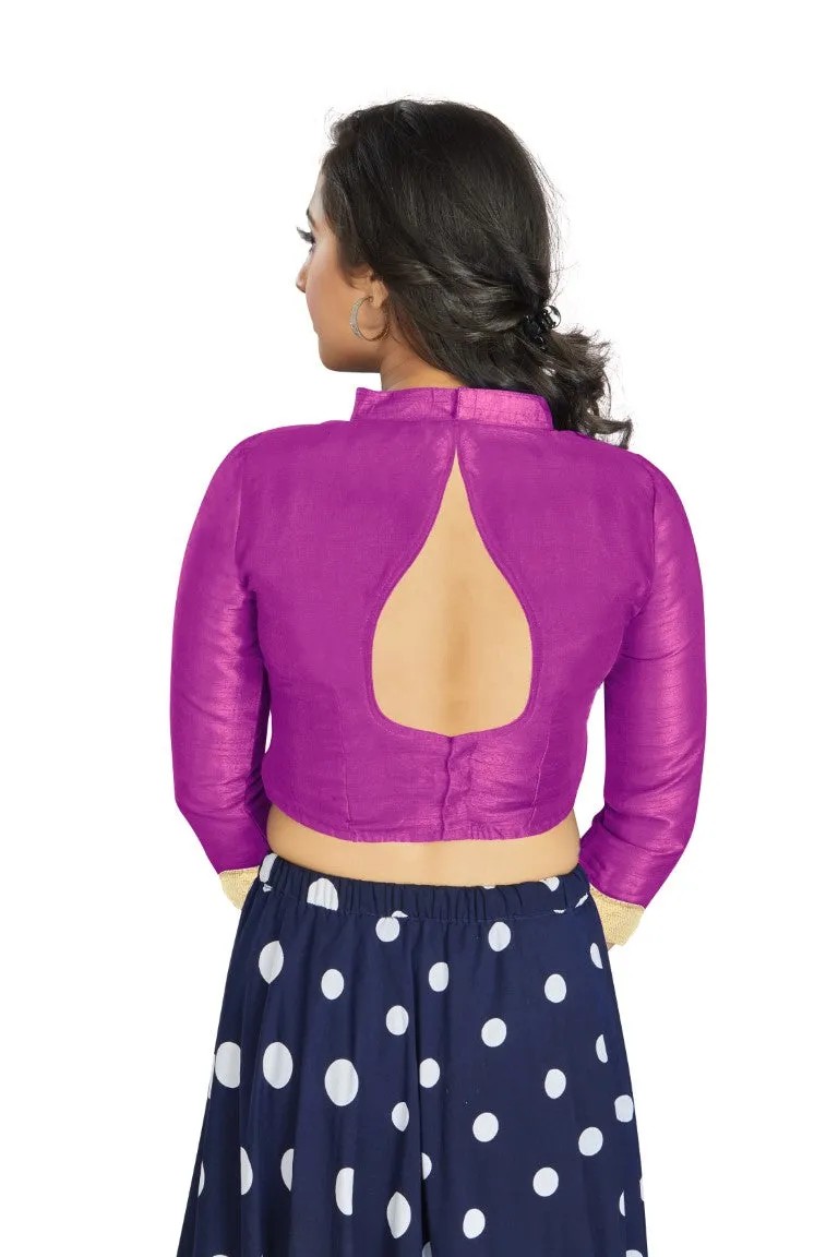 Aastha Fashion Purple Art Silk V Neck Chinese Collar Matty In Sleeve Readymade Blouse