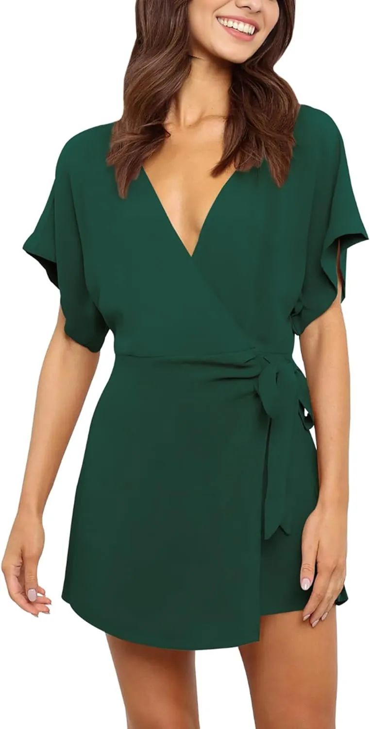 AIMCOO Summer Short Sleeve V Neck Wrap Rompers Elastic Waist Tie Solid Jumpsuit for Women Casual Romper Shorts with Pockets