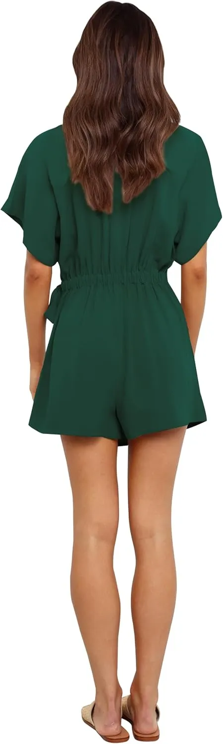 AIMCOO Summer Short Sleeve V Neck Wrap Rompers Elastic Waist Tie Solid Jumpsuit for Women Casual Romper Shorts with Pockets