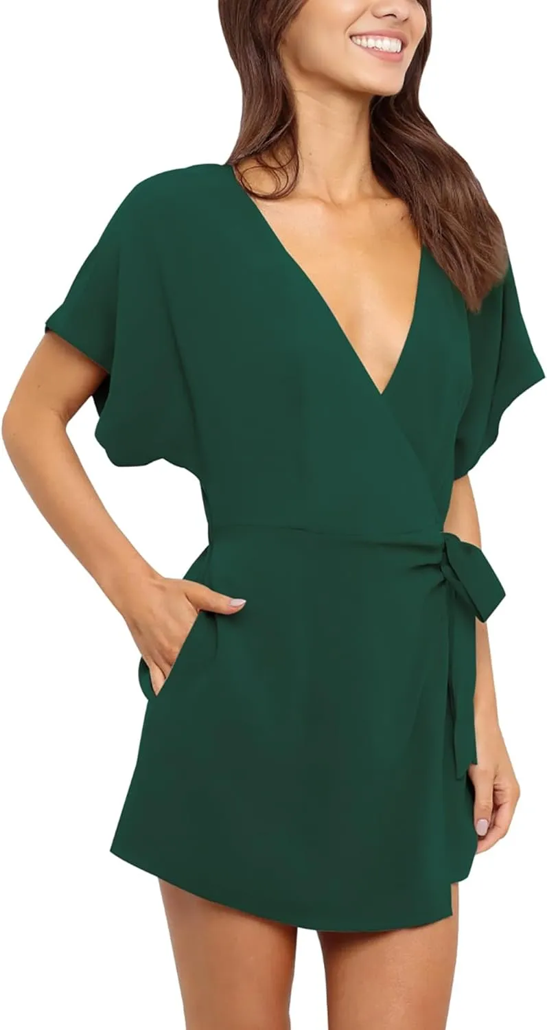AIMCOO Summer Short Sleeve V Neck Wrap Rompers Elastic Waist Tie Solid Jumpsuit for Women Casual Romper Shorts with Pockets