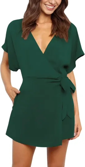 AIMCOO Summer Short Sleeve V Neck Wrap Rompers Elastic Waist Tie Solid Jumpsuit for Women Casual Romper Shorts with Pockets