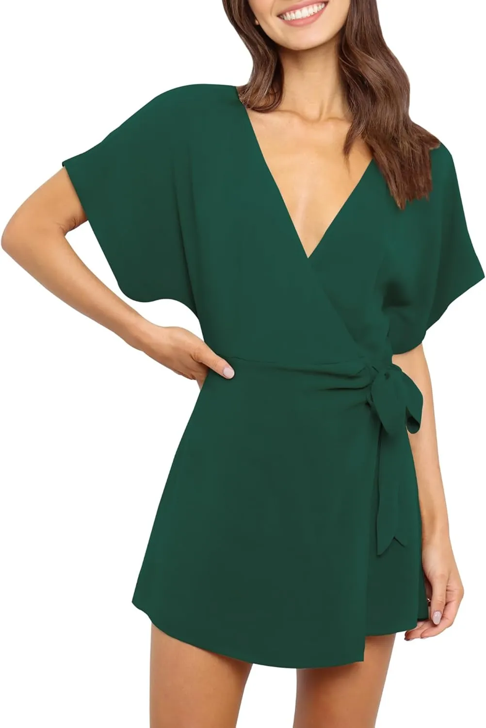 AIMCOO Summer Short Sleeve V Neck Wrap Rompers Elastic Waist Tie Solid Jumpsuit for Women Casual Romper Shorts with Pockets