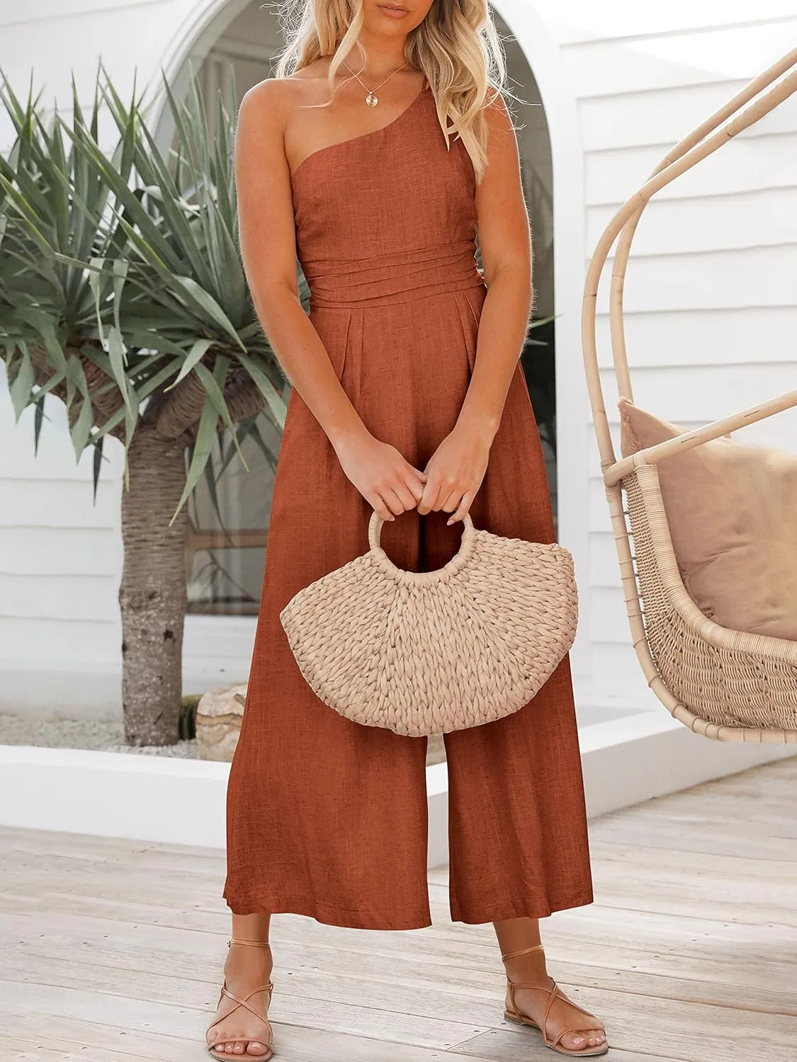 ANRABESS Women's Summer Straps One Shoulder High Waist Dressy Casual Wide Leg Linen Jumpsuit Romper Beach Travel Outfits