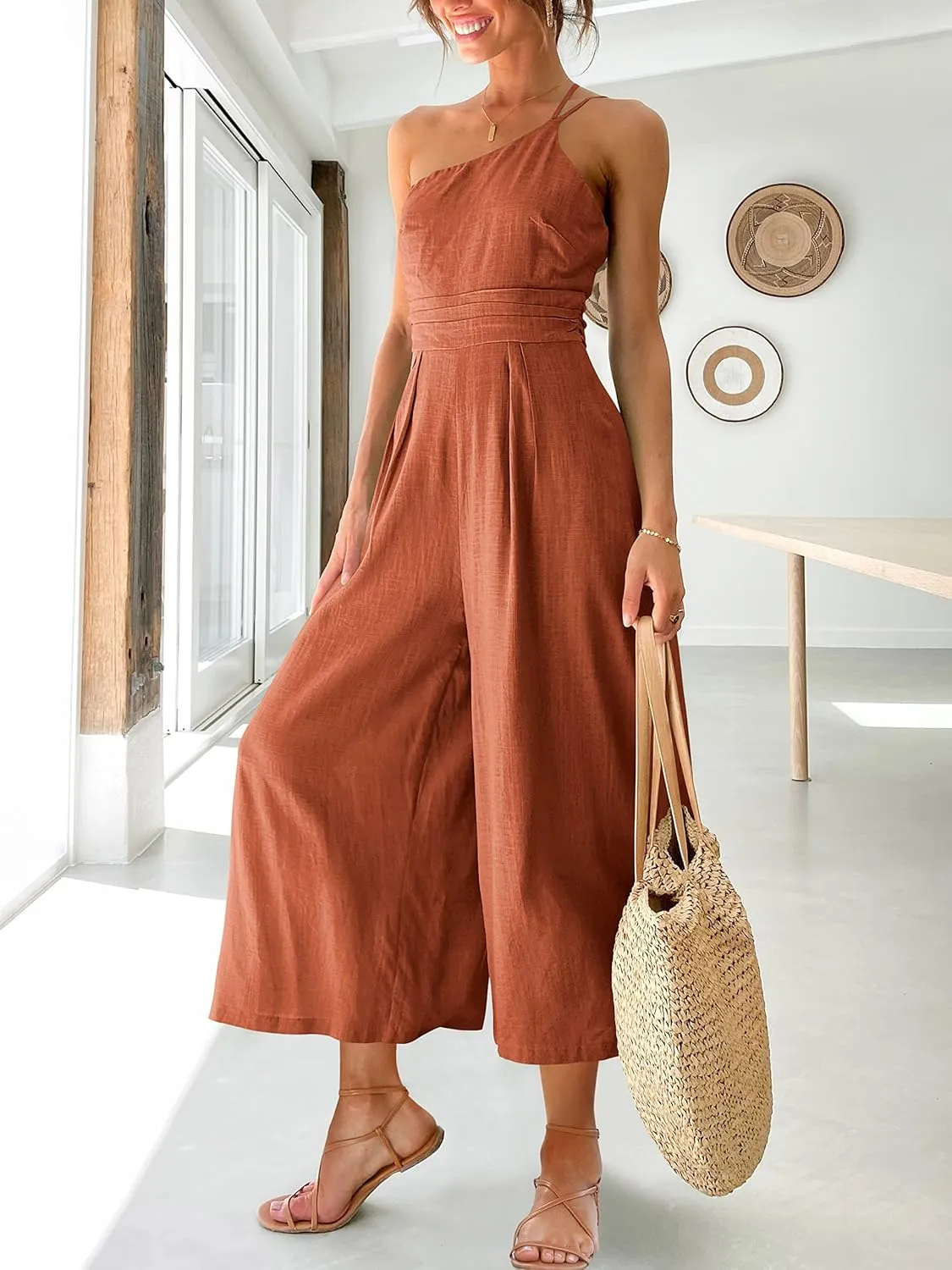 ANRABESS Women's Summer Straps One Shoulder High Waist Dressy Casual Wide Leg Linen Jumpsuit Romper Beach Travel Outfits