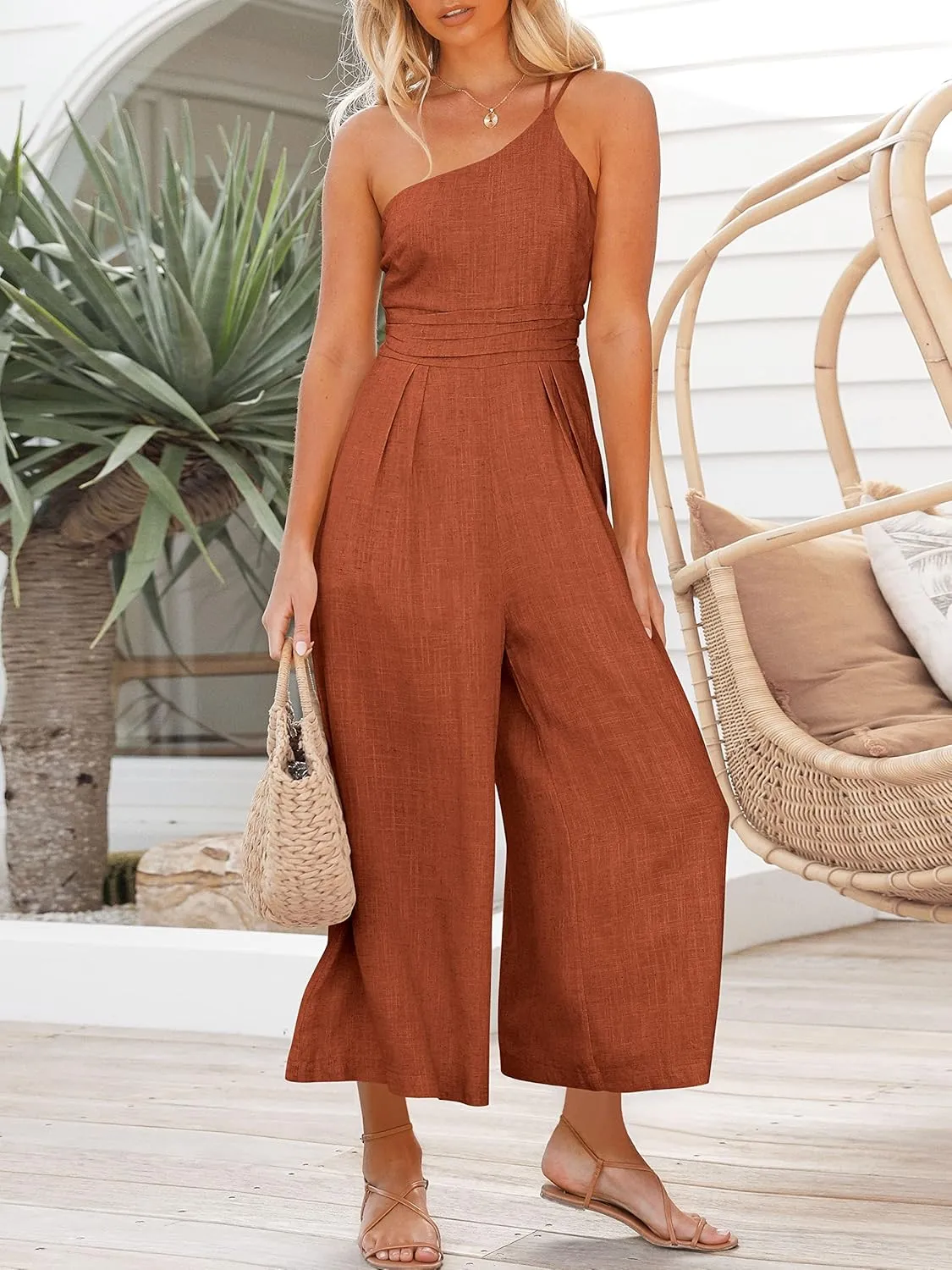 ANRABESS Women's Summer Straps One Shoulder High Waist Dressy Casual Wide Leg Linen Jumpsuit Romper Beach Travel Outfits