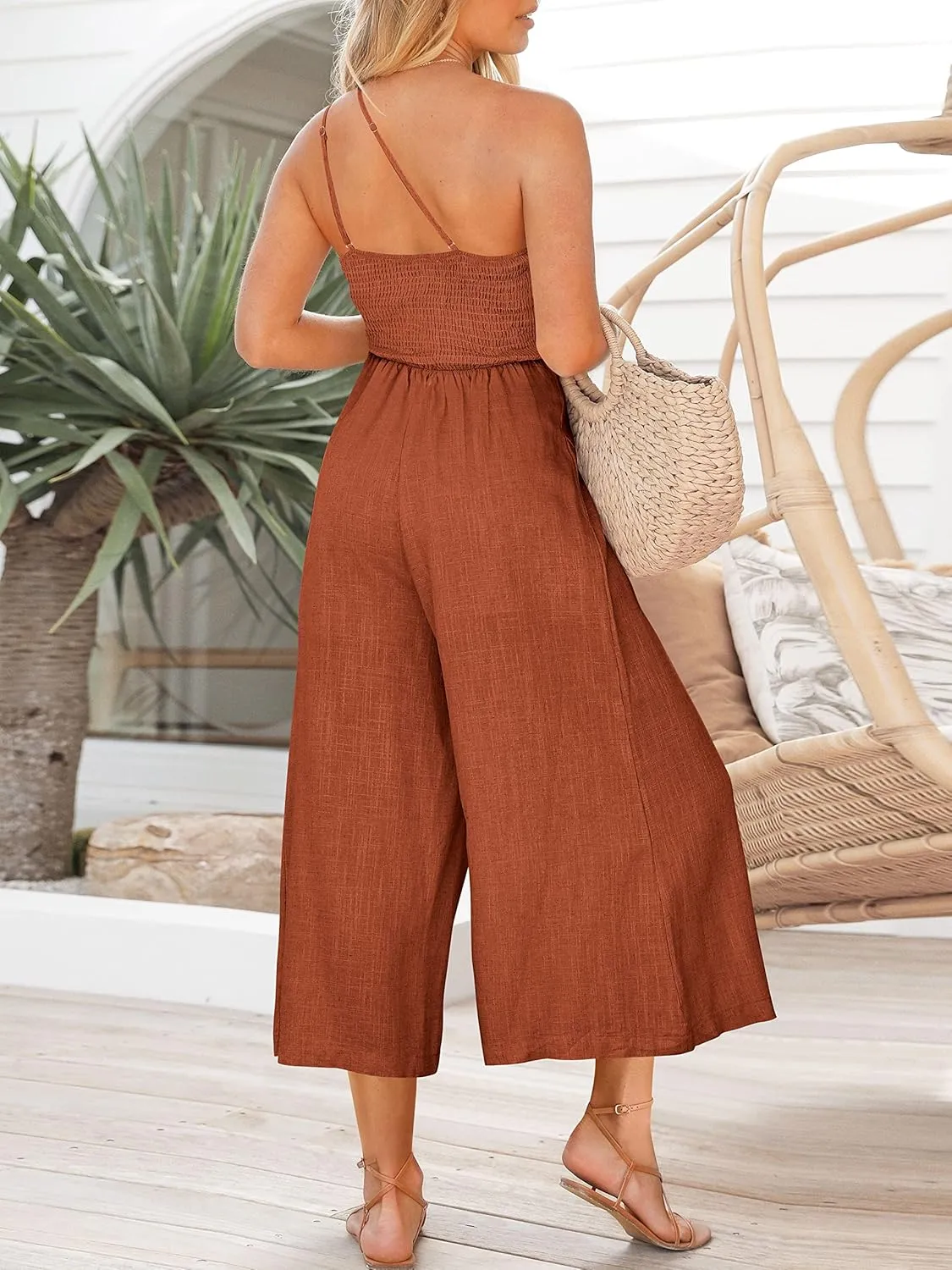 ANRABESS Women's Summer Straps One Shoulder High Waist Dressy Casual Wide Leg Linen Jumpsuit Romper Beach Travel Outfits