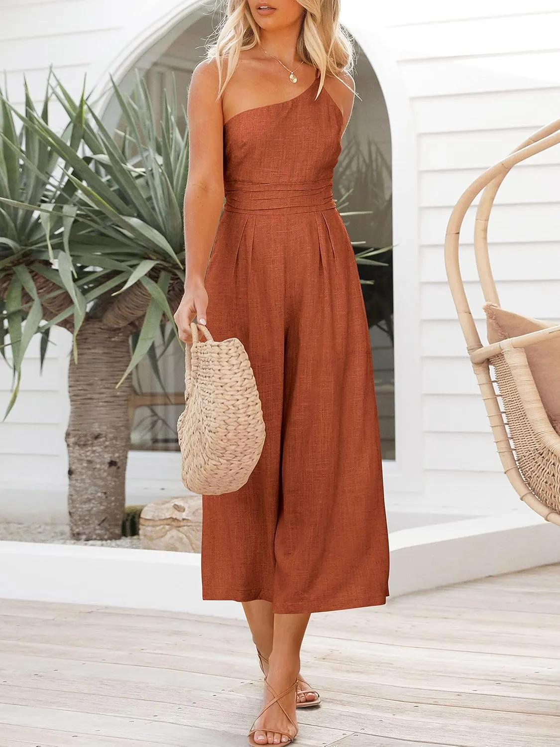 ANRABESS Women's Summer Straps One Shoulder High Waist Dressy Casual Wide Leg Linen Jumpsuit Romper Beach Travel Outfits