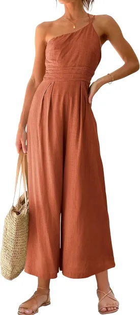 ANRABESS Women's Summer Straps One Shoulder High Waist Dressy Casual Wide Leg Linen Jumpsuit Romper Beach Travel Outfits