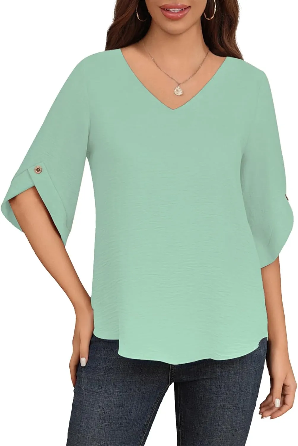 Askyes Women's 2024 Summer Chiffon Blouses 3/4 Bell Short Sleeve T-Shirts Casual Loose Dressy Work Tops for Leggings Blouse