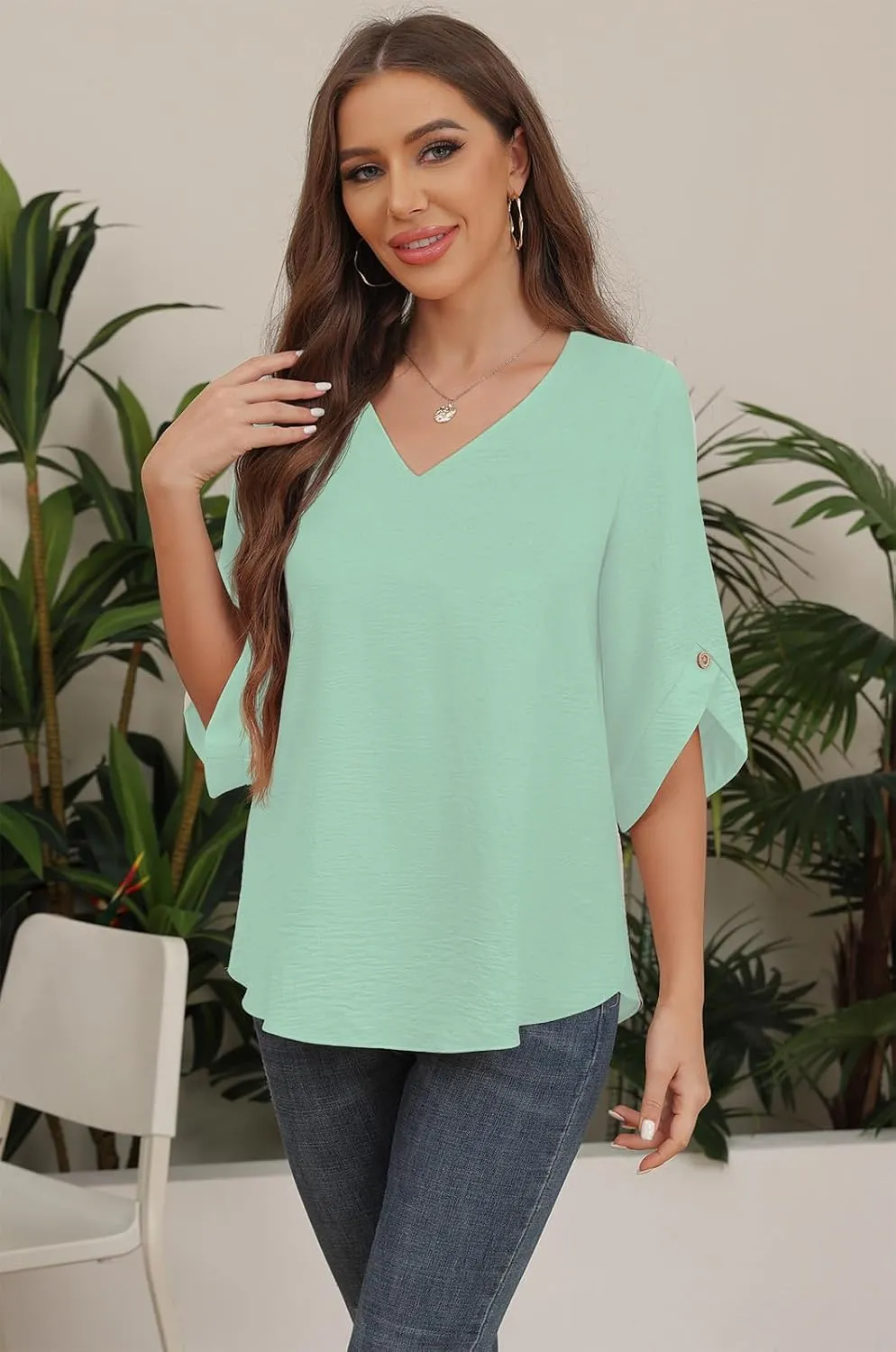 Askyes Women's 2024 Summer Chiffon Blouses 3/4 Bell Short Sleeve T-Shirts Casual Loose Dressy Work Tops for Leggings Blouse