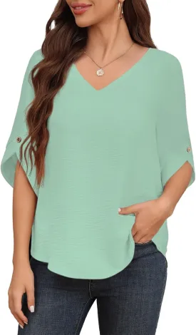 Askyes Women's 2024 Summer Chiffon Blouses 3/4 Bell Short Sleeve T-Shirts Casual Loose Dressy Work Tops for Leggings Blouse