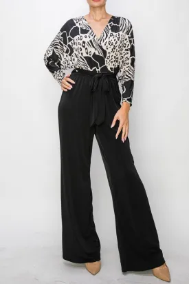 Black Venechia Wrap Jumpsuit With 3/4 Sleeves