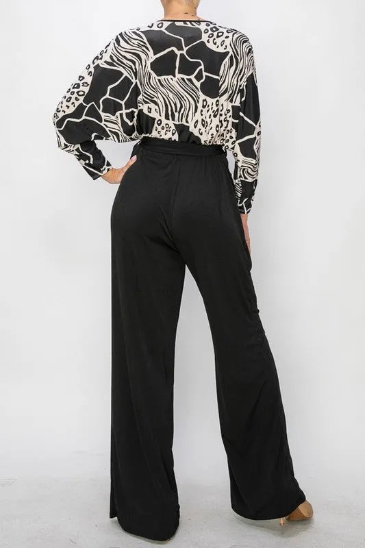 Black Venechia Wrap Jumpsuit With 3/4 Sleeves