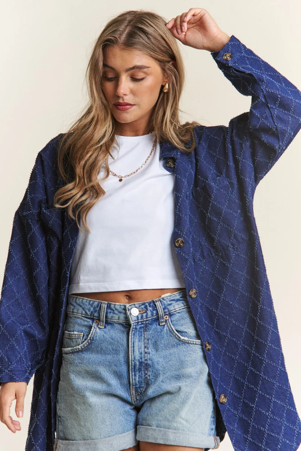 Blue Zone Planet |  J.NNA Rhombus Stitched Button Up Denim Shacket
