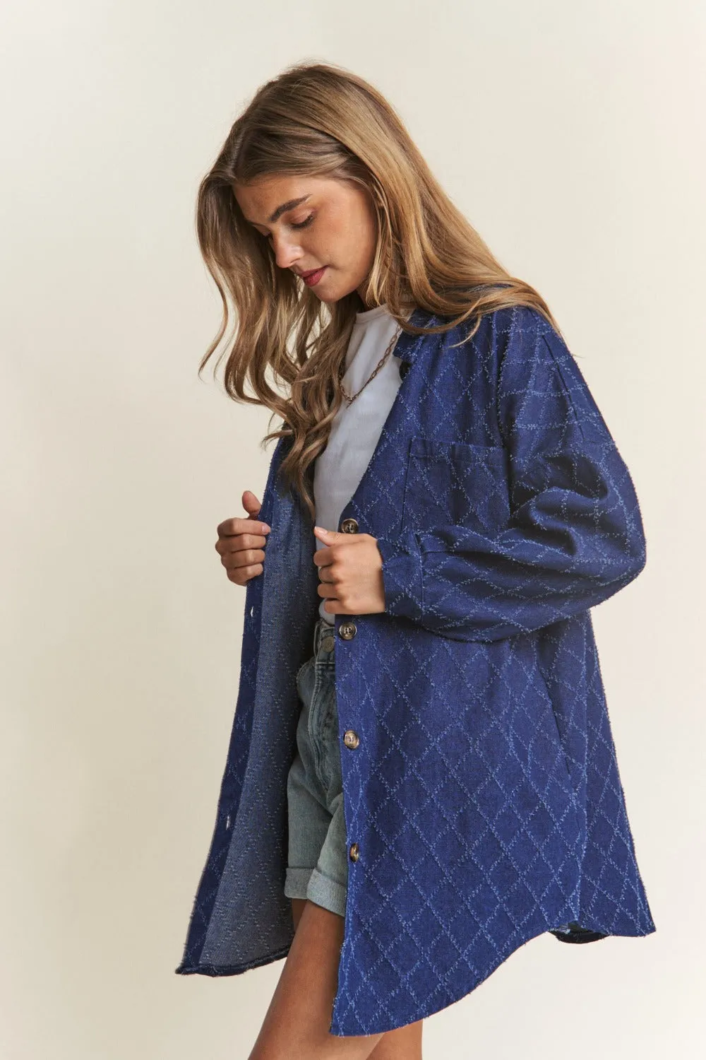 Blue Zone Planet |  J.NNA Rhombus Stitched Button Up Denim Shacket