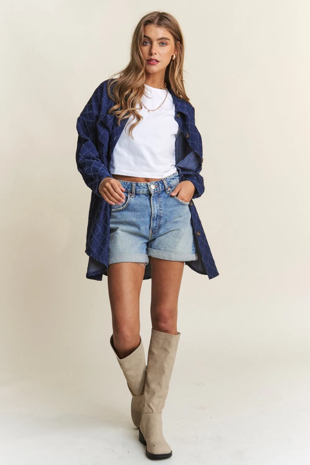 Blue Zone Planet |  J.NNA Rhombus Stitched Button Up Denim Shacket