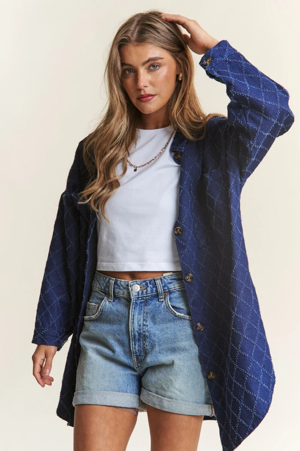 Blue Zone Planet |  J.NNA Rhombus Stitched Button Up Denim Shacket