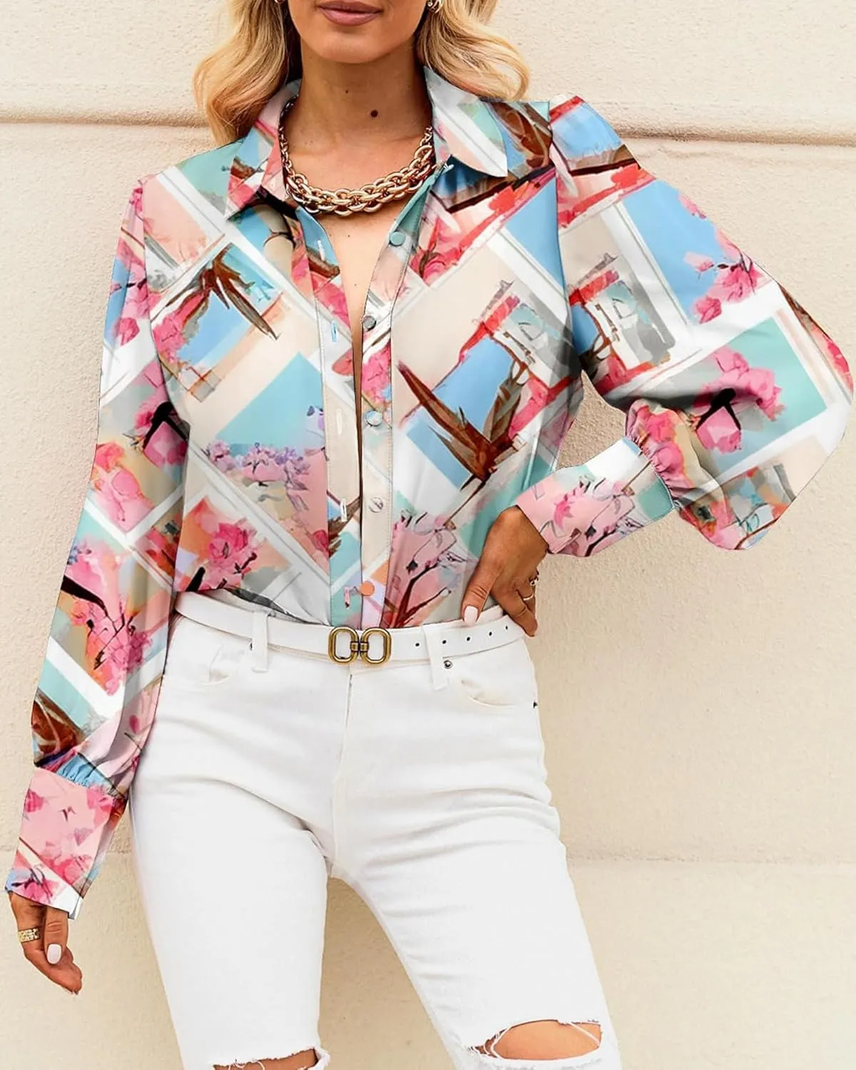BTFBM Women Fashion Button Down Shirts V Neck Printed Solid Boho Long Sleeve Blouses Dressy Casual Summer Spring Tops